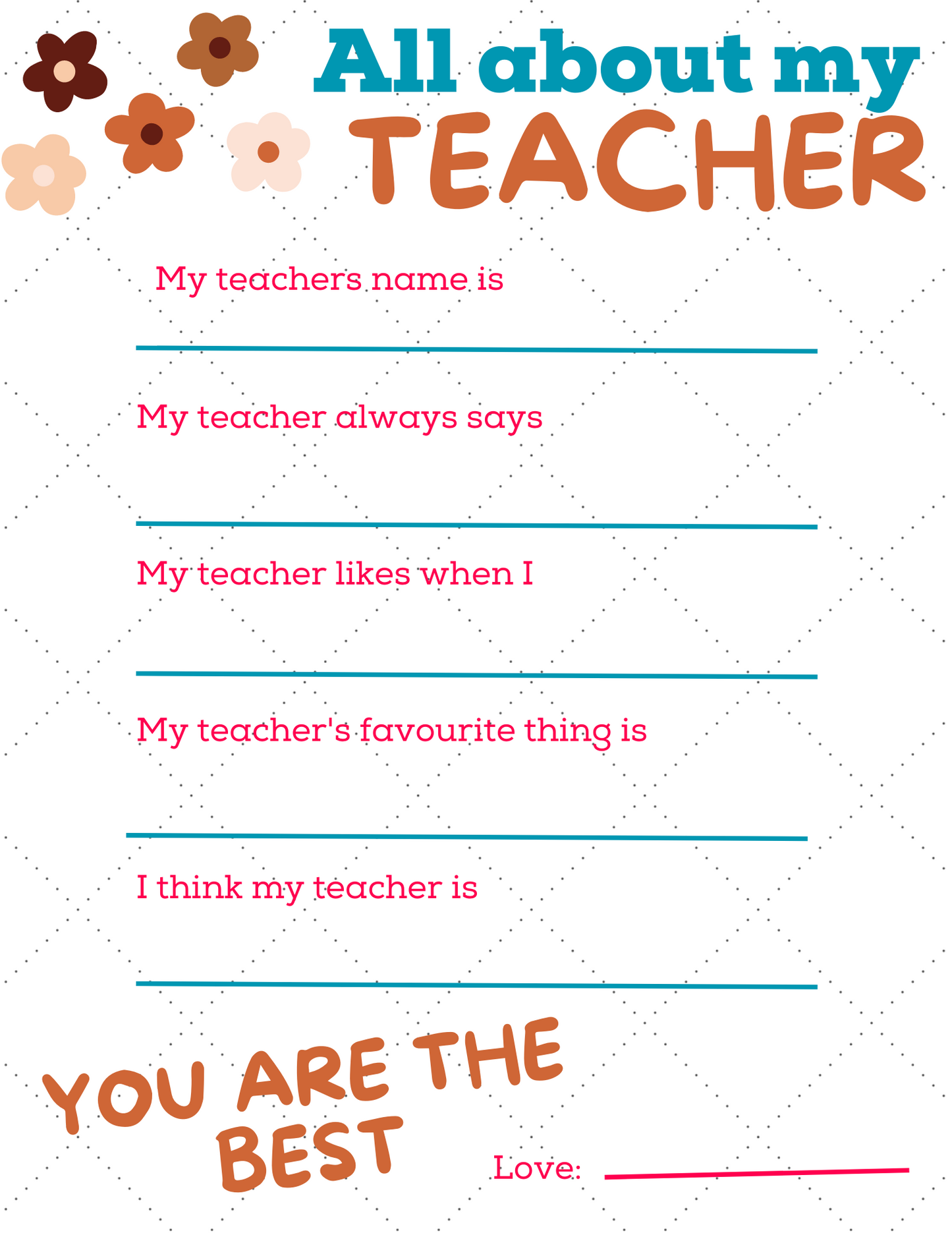 Teacher appreciation sheet - Printable- Digital Download