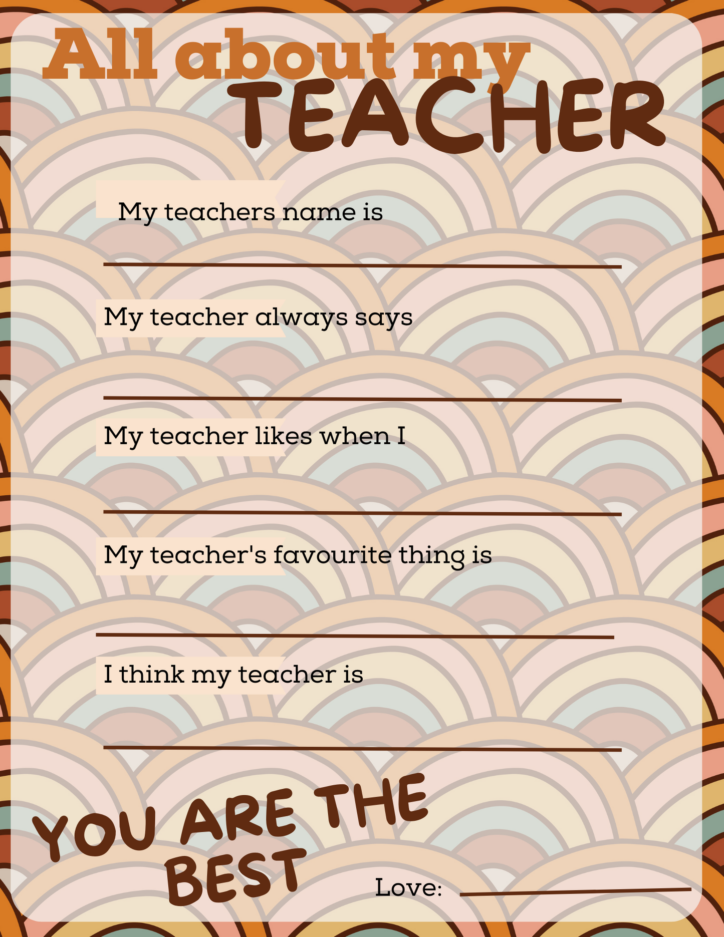 Teacher appreciation sheet - Printable- Digital Download