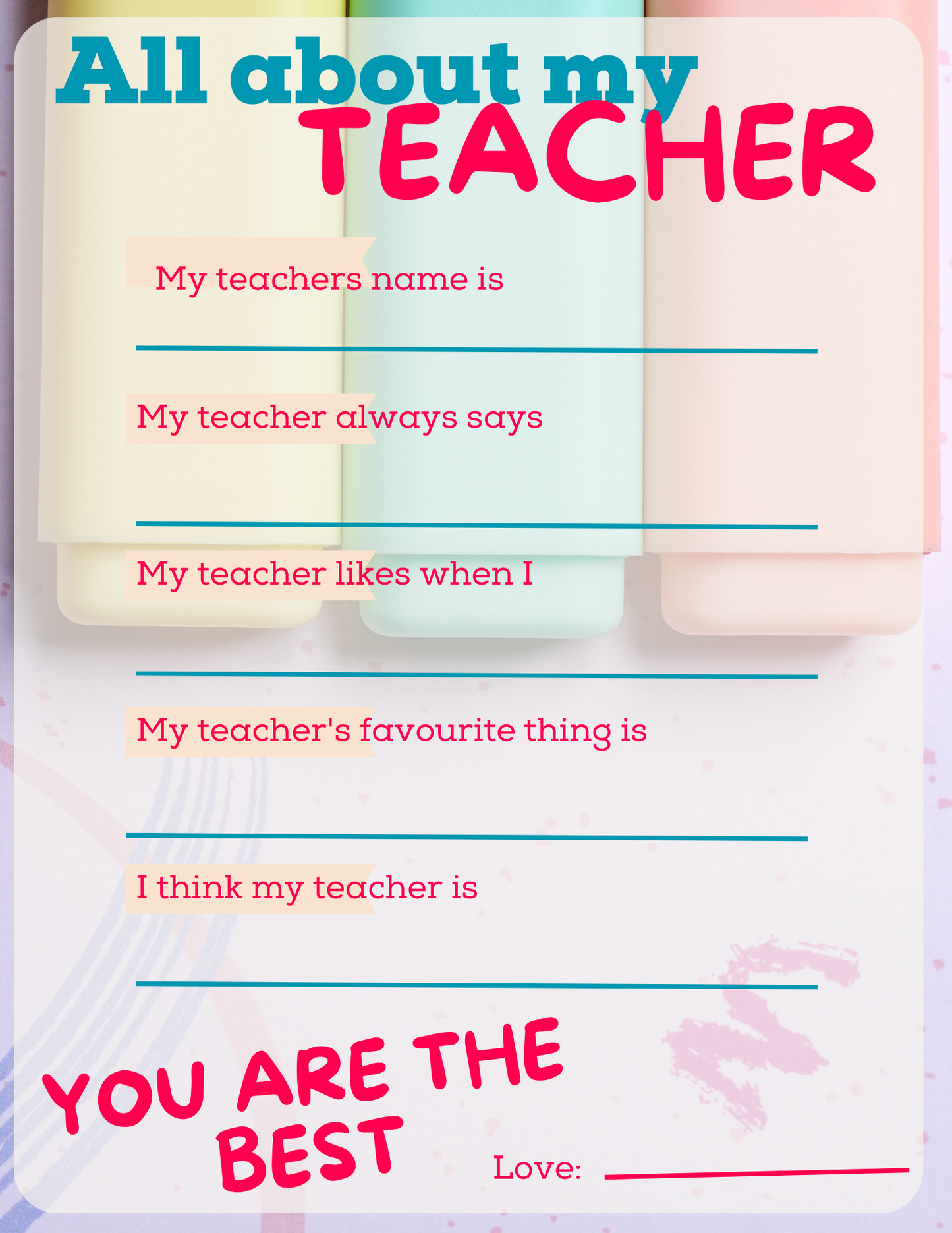 Teacher appreciation sheet - Printable- Digital Download