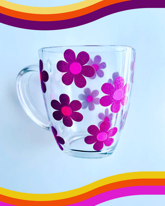 Glitter Pink Flower print glass cup - Hand designed