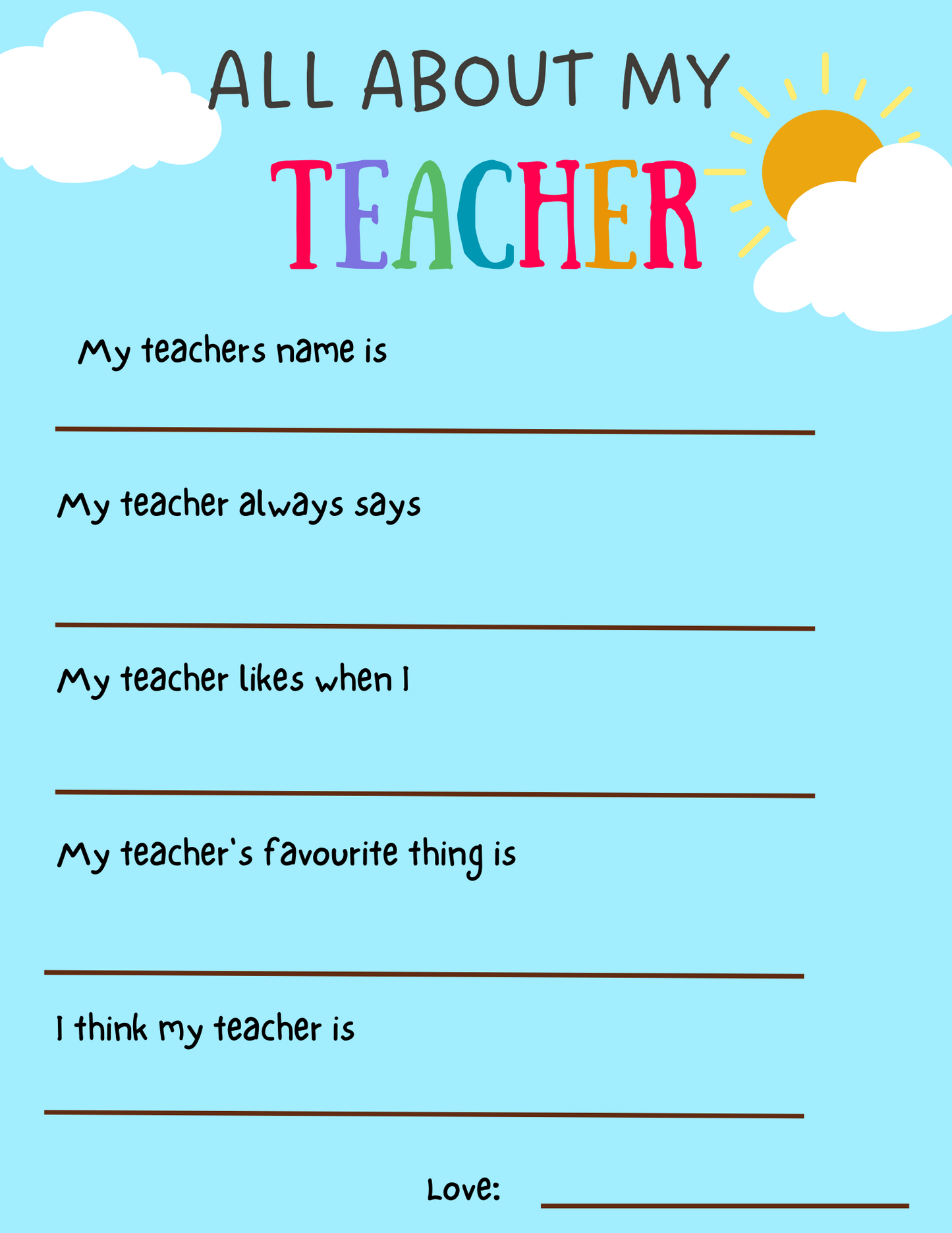 Teacher appreciation sheet - Printable- Digital Download - FREE