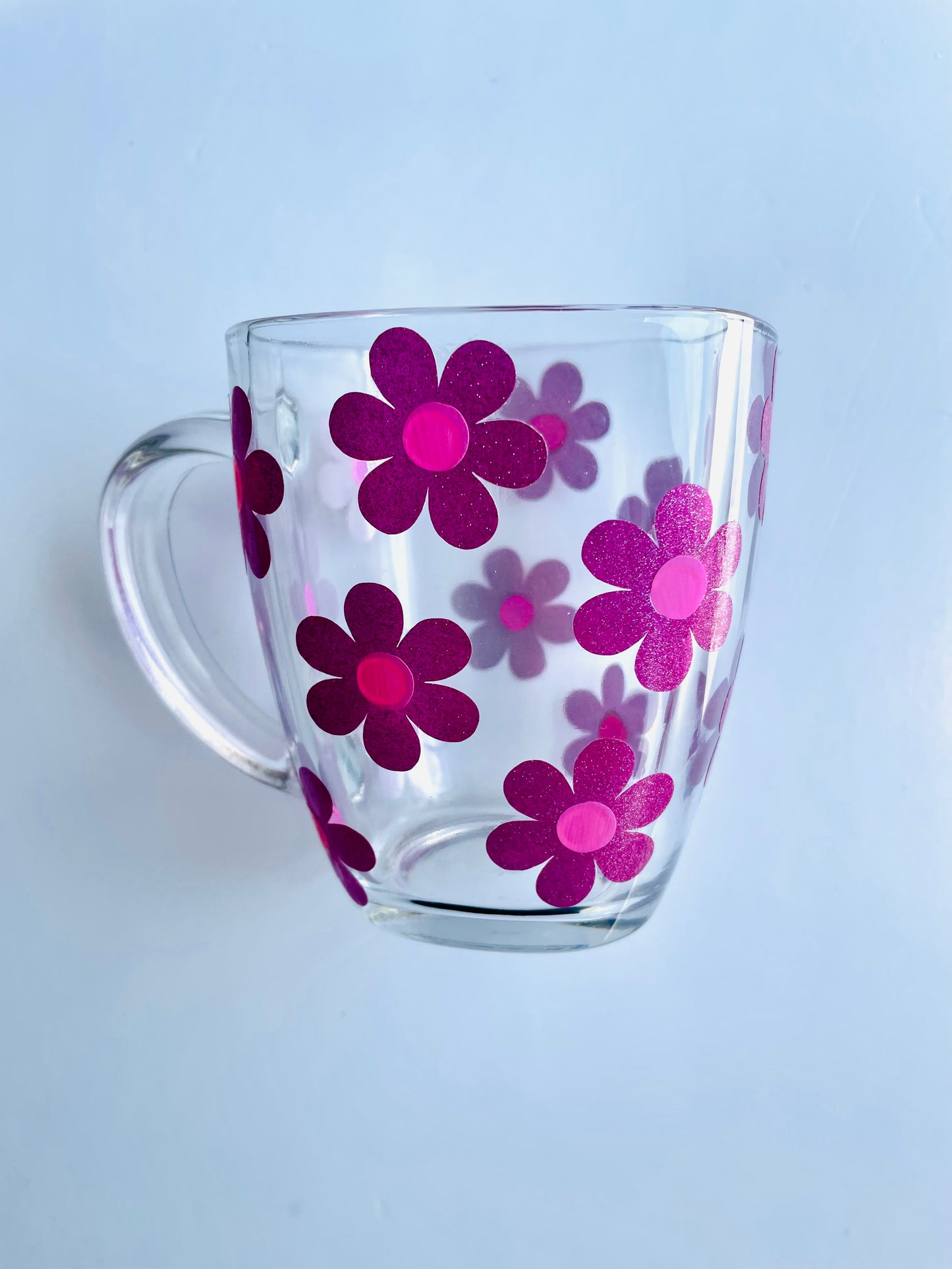 Glitter Pink Flower print glass cup - Hand designed