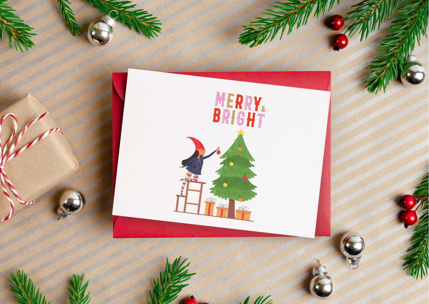 Merry & Bright- Elf & the tree- Christmas cards
