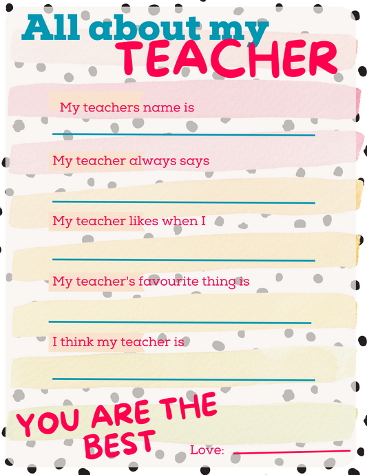 Teacher appreciation sheet - Printable- Digital Download