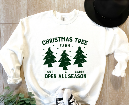 Christmas Tree open all season | White crewneck Sweatshirt| Holiday