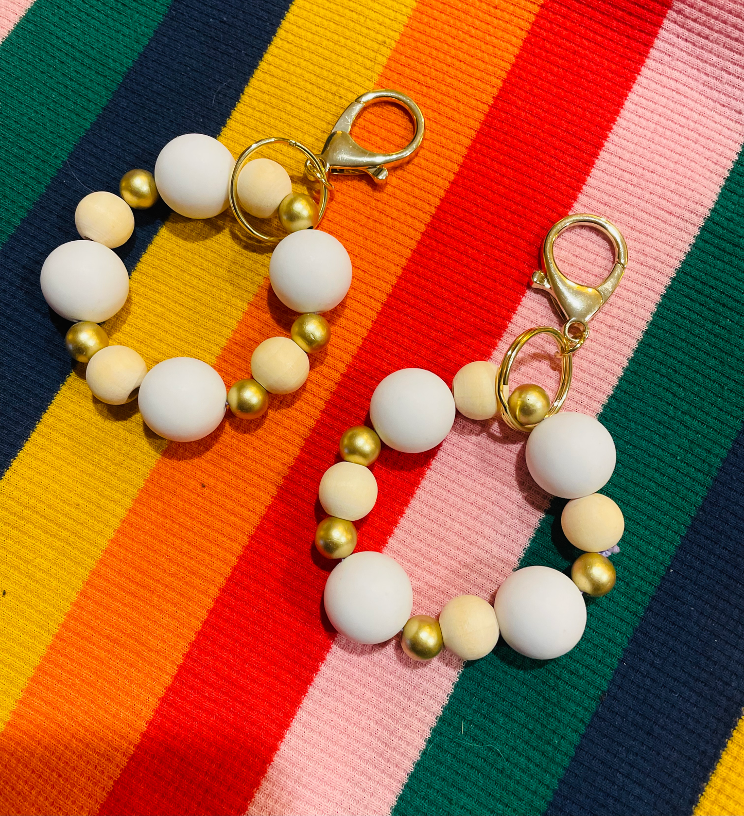 Handmade keychain bracelet wristlet White & Golden